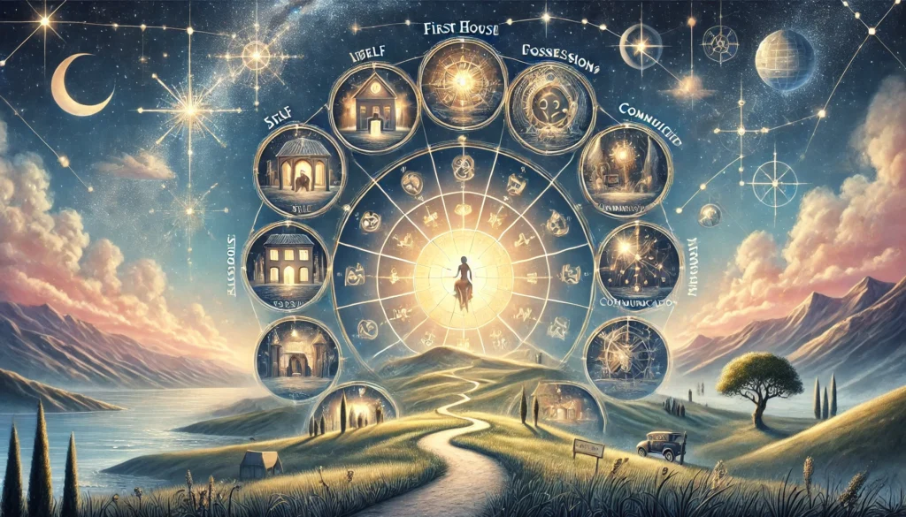A beautifully illustrated landscape showing the twelve houses of astrology. Each house is represented by a distinct area with symbolic visuals. The fi