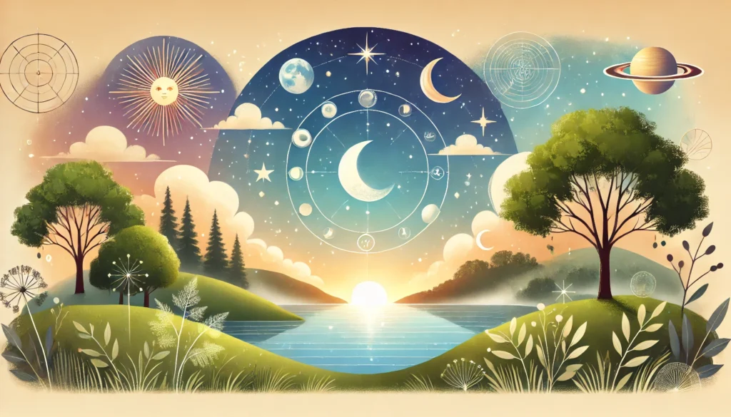 A calming landscape banner image for astrology remedies featuring elements like the sun, moon, stars, and planets. In the foreground, there is a peace
