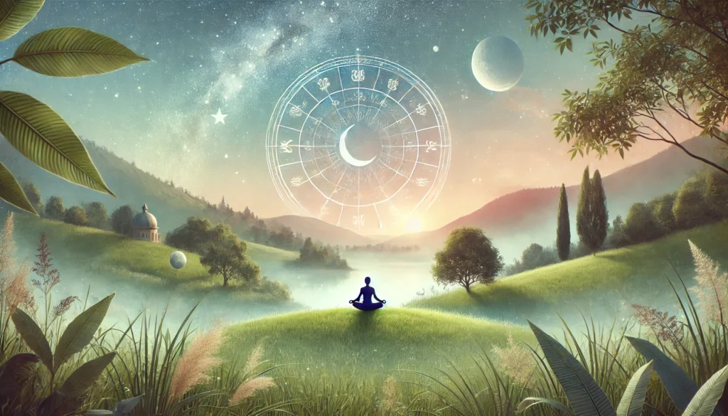 A serene and calming landscape image for a banner, representing the connection between yoga and astrology. The scene shows a peaceful setting with a p