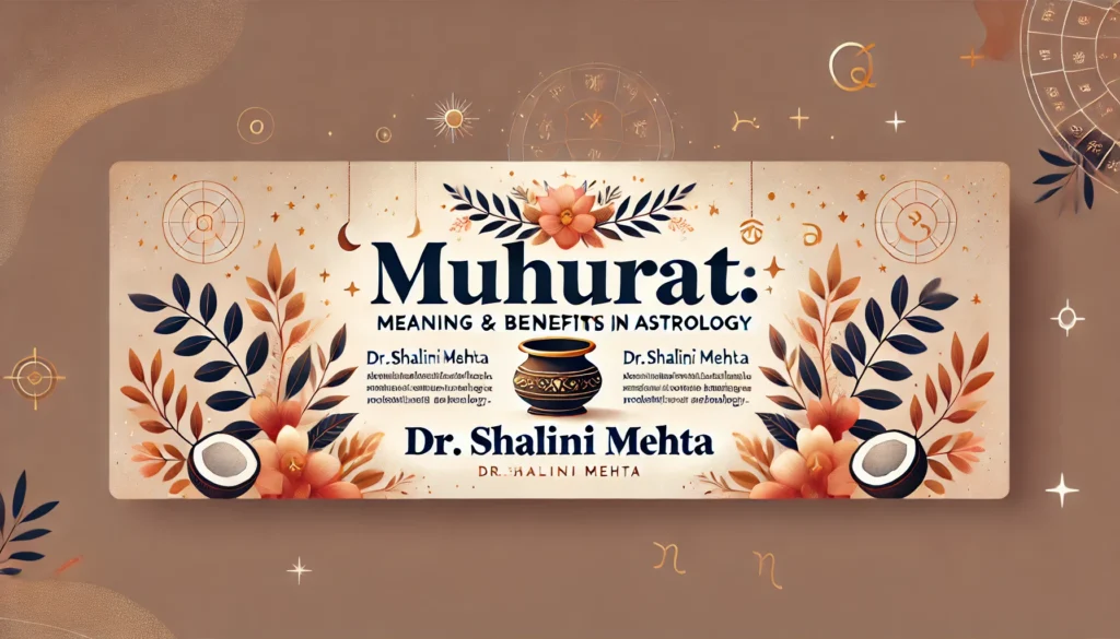 A clean and elegant banner for Dr. Shalini Mehta featuring the text 'Muhurat_ Meaning & Benefits in Astrology' in a landscape layout. The design shoul