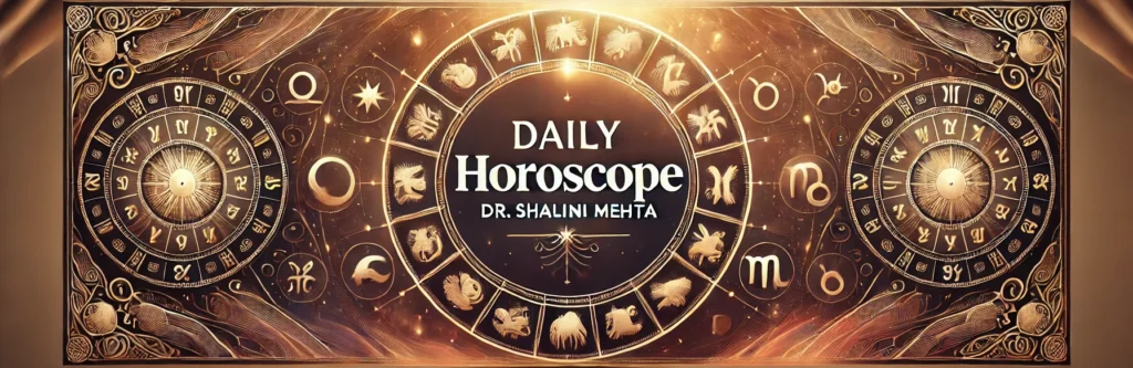 A widescreen banner for 'Daily Horoscope' with a warm color scheme, zodiac symbols arranged in a circular pattern on the left, and elegant text in the